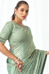 Seafoam Green Metallic Silk Saree with Heavy Zari and Sequin Work