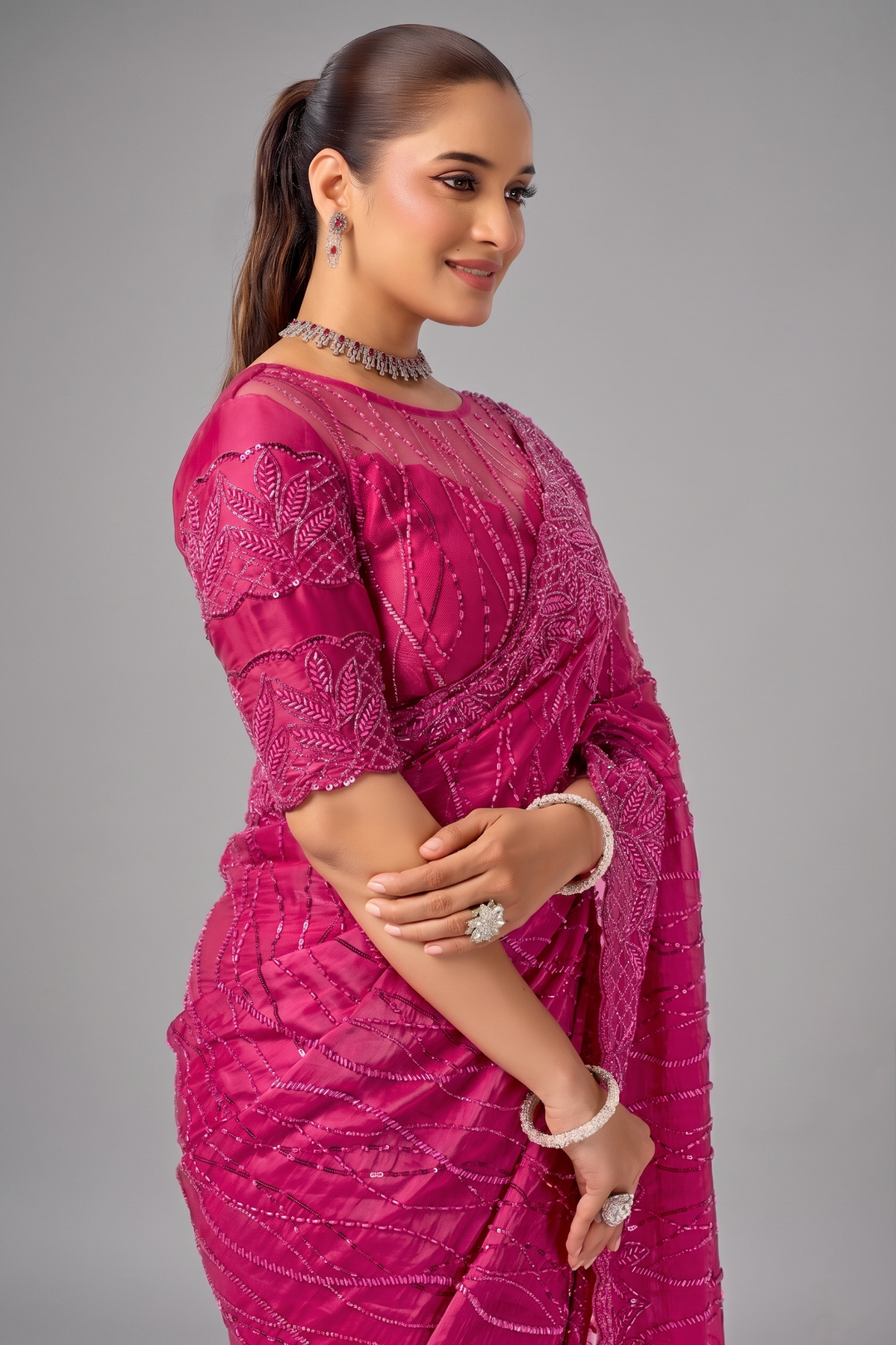 Magenta Pink Saree with Vertical Sequin Embroidery and Sheer Neck Blouse