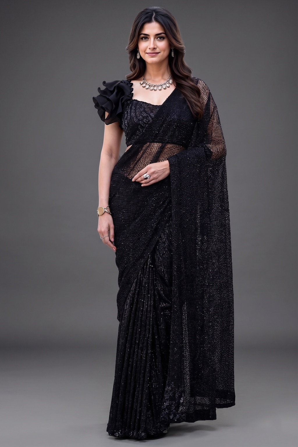 Jet Black Net Saree with Tone-on-Tone Sequin Work and Ruffled Blouse