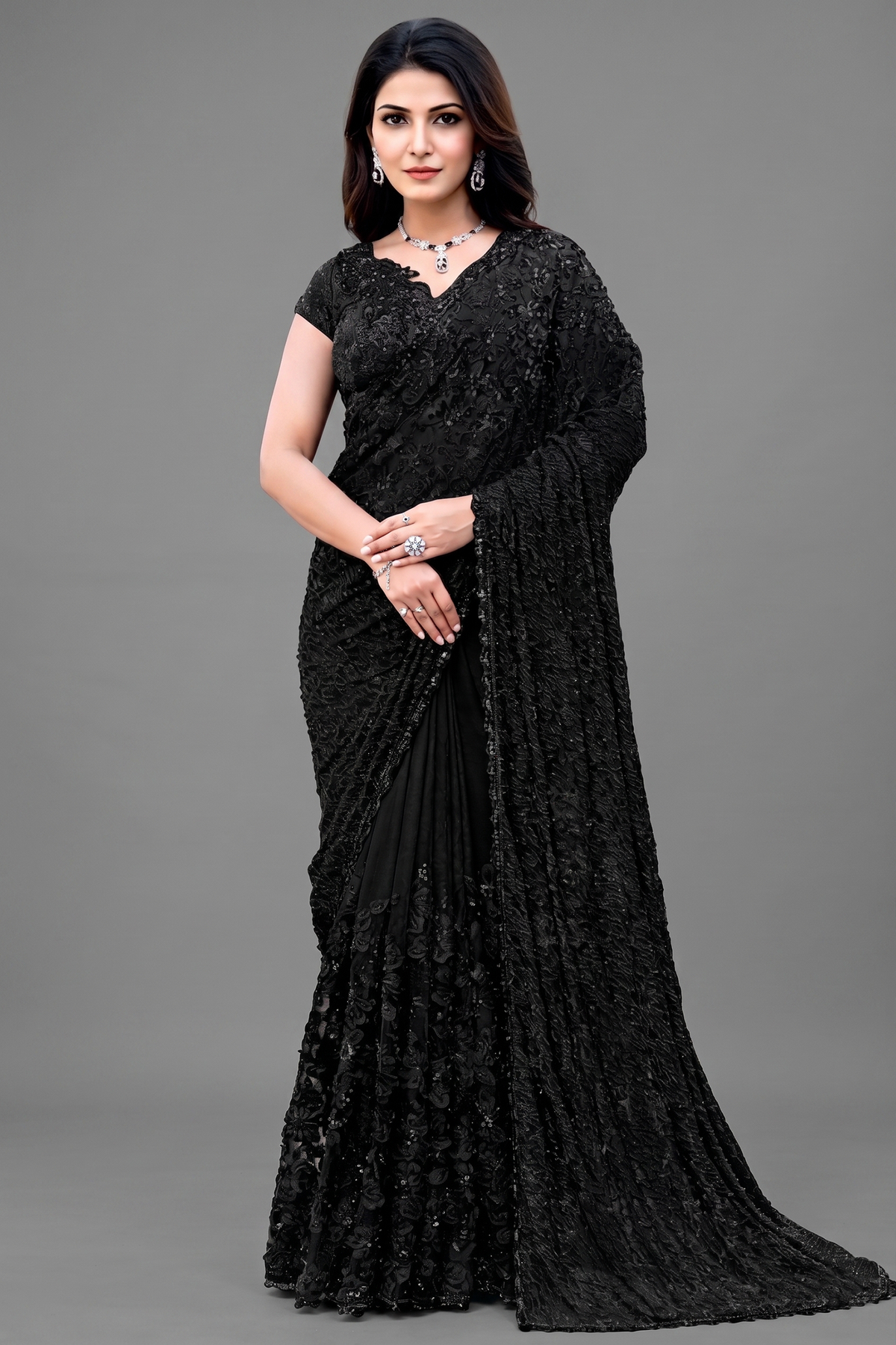 Midnight Black High-Shine Sequin Saree with Matching Embroidered Blouse