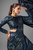 Dark Blue Metallic Lustrous Satin Silk Ready-to-Wear Lehenga Saree with Floral Motifs
