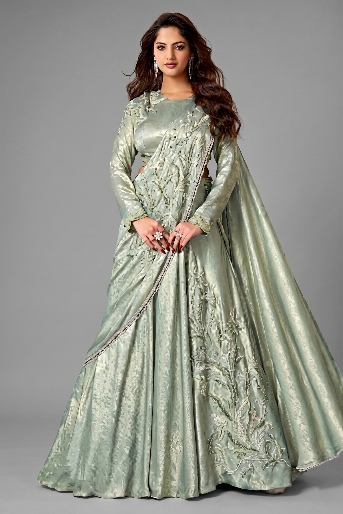 Pista Green Metallic Lustrous Satin Silk Ready-to-Wear Lehenga Saree with Leaf Motifs