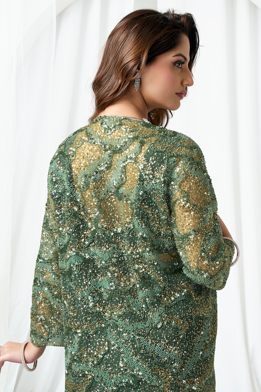Bottle Green Metallic Lustrous Satin Silk Ready-to-Wear Saree with Jacket