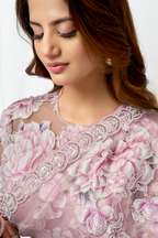 Blush Pink Crushed Shimmer Organza Saree with Highlighted Floral Print and Beads Work