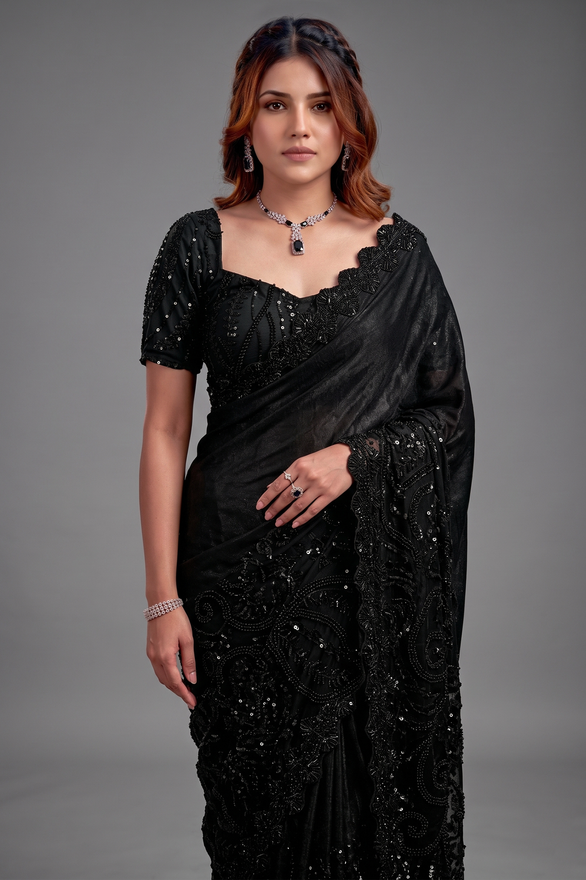 Jet Black Versace Sequin Saree with Pure Beads Handwork and Satin Blouse