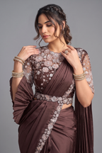 Coffee Brown Lustrous Satin Silk Ready-to-Wear Saree with Floral Sequin Blouse & Belt