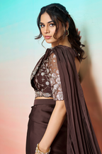 Coffee Brown Lustrous Satin Silk Ready-to-Wear Saree with Floral Sequin Blouse & Belt