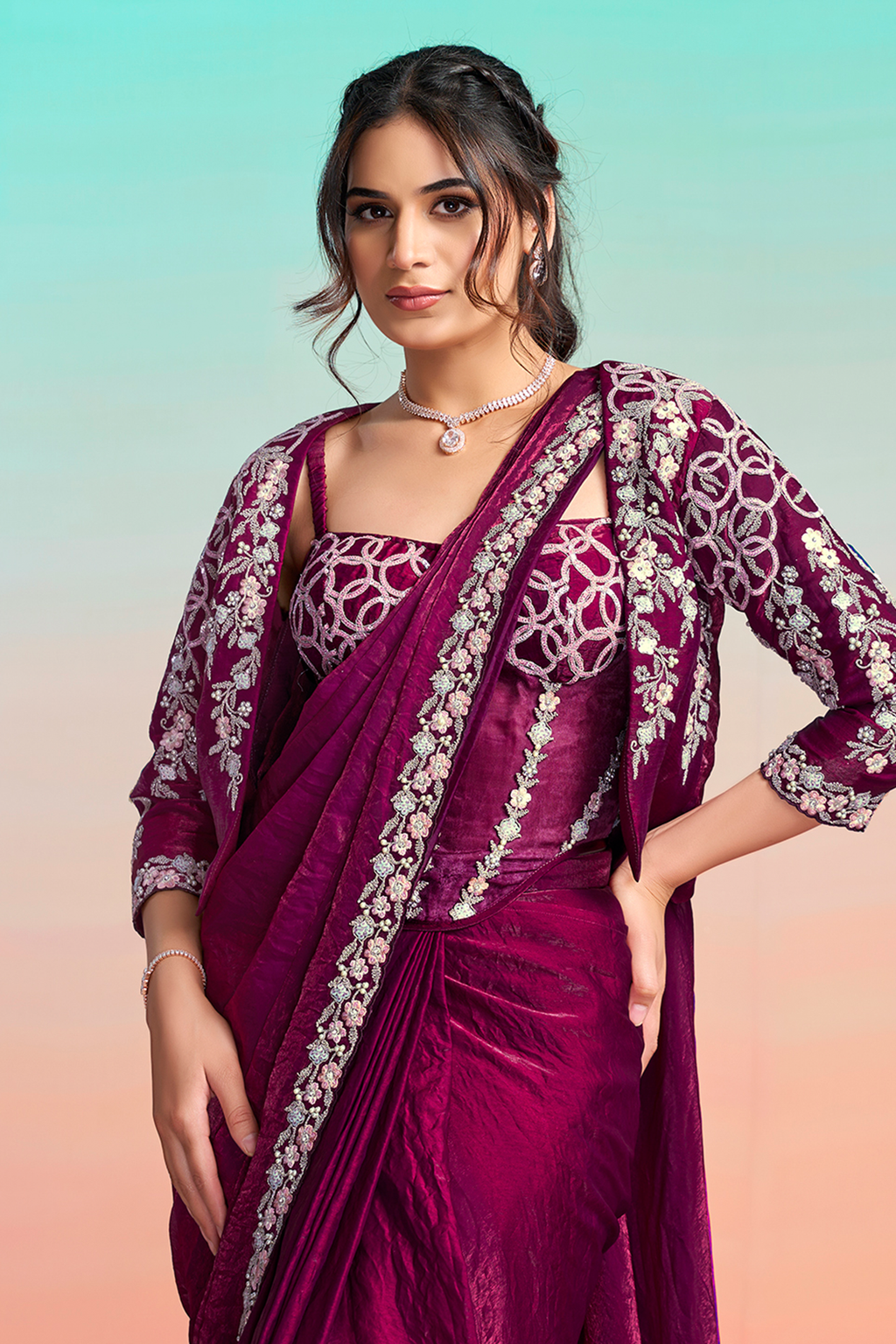 Deep Maroon Pre-Stitched Two-Tone Saree with Pearl Enhanced Blouse and Shrug