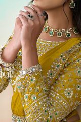 Mustard Yellow Pre-Stitched Crepe Satin Saree with Sequin Embellished Blouse and Belt