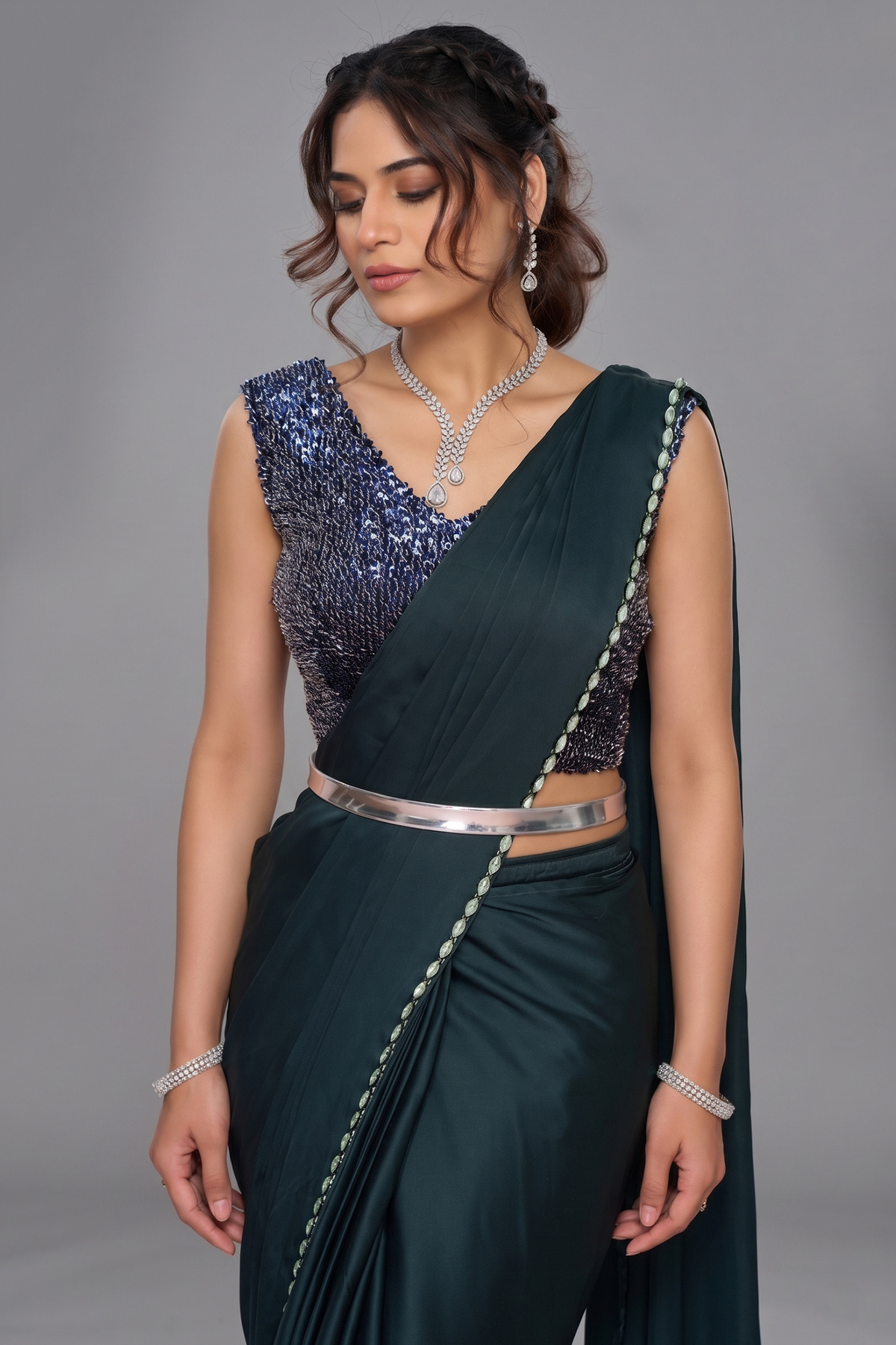 Midnight Blue Pre-Stitched Satin Saree with Oval Stone Detailing Shrug