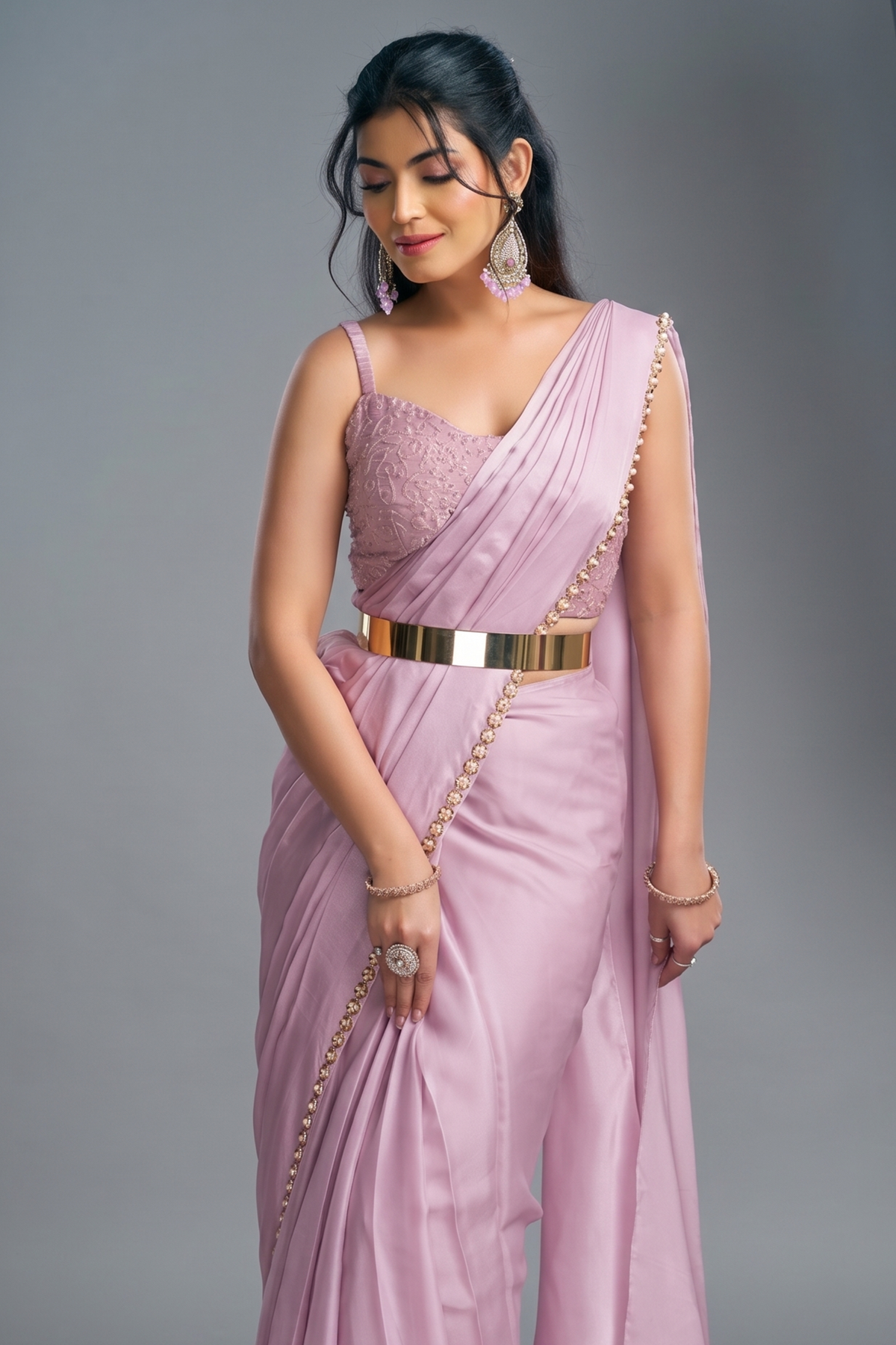 Lavender Lustrous Satin Silk Ready-to-Wear Saree with Double-Weaved Jacquard Jacket & Belt