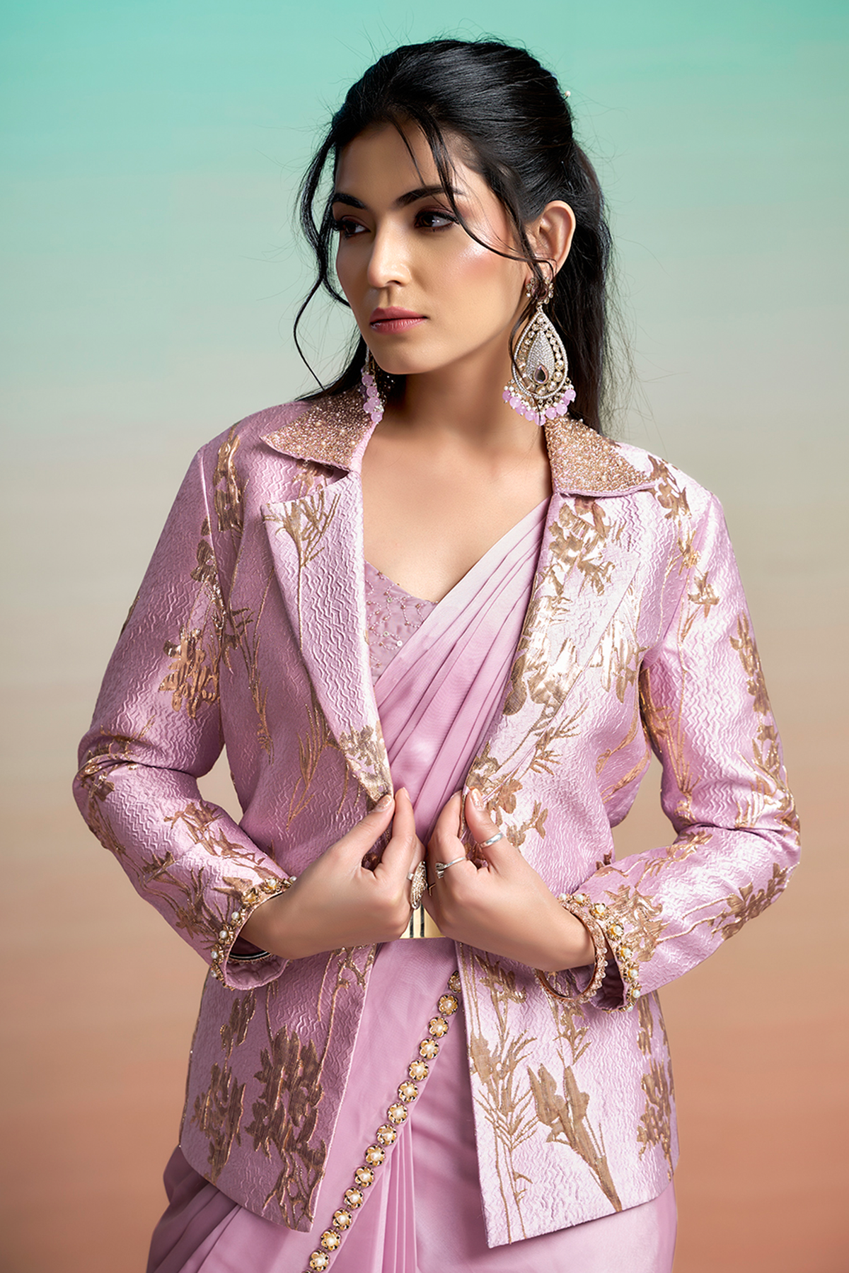 Lavender Lustrous Satin Silk Ready-to-Wear Saree with Double-Weaved Jacquard Jacket & Belt