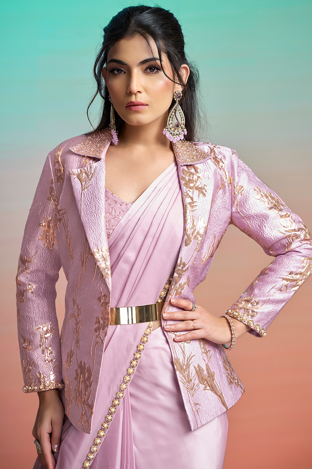 Lavender Lustrous Satin Silk Ready-to-Wear Saree with Double-Weaved Jacquard Jacket & Belt