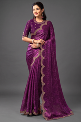 Wine Digital Bandhani Printed Satin Silk Saree with Handcrafted Pearl Handwork