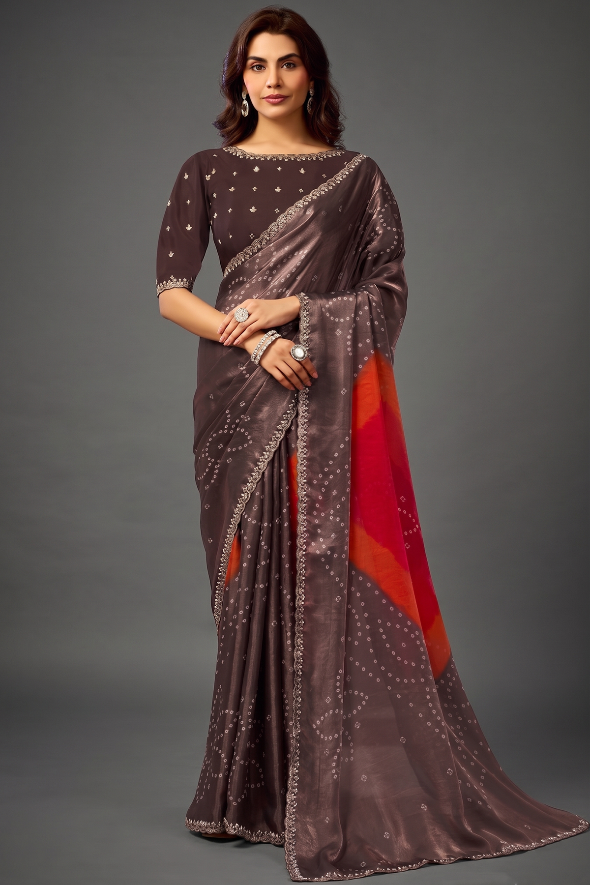 Espresso Coffee Digital Bandhani Saree with Pearl and Stone Handwork