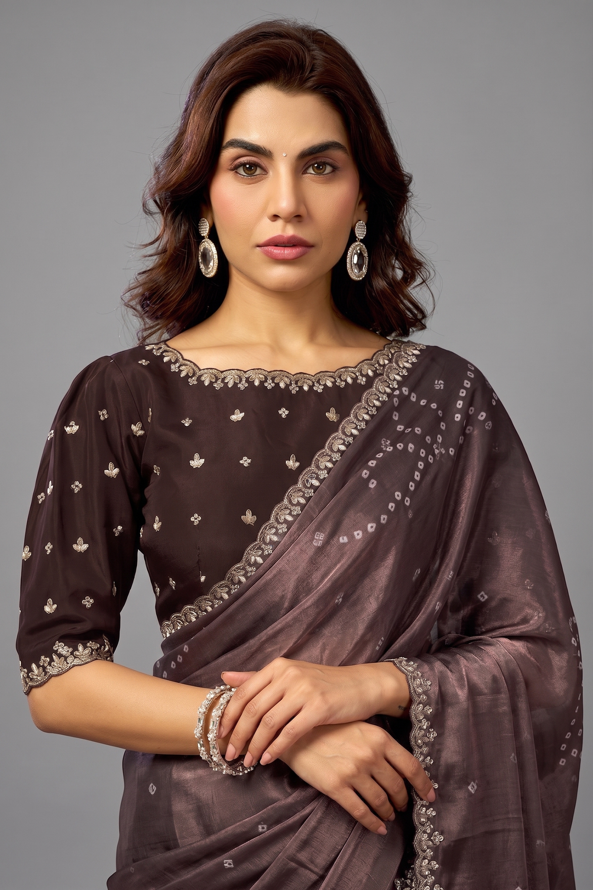 Espresso Coffee Digital Bandhani Saree with Pearl and Stone Handwork