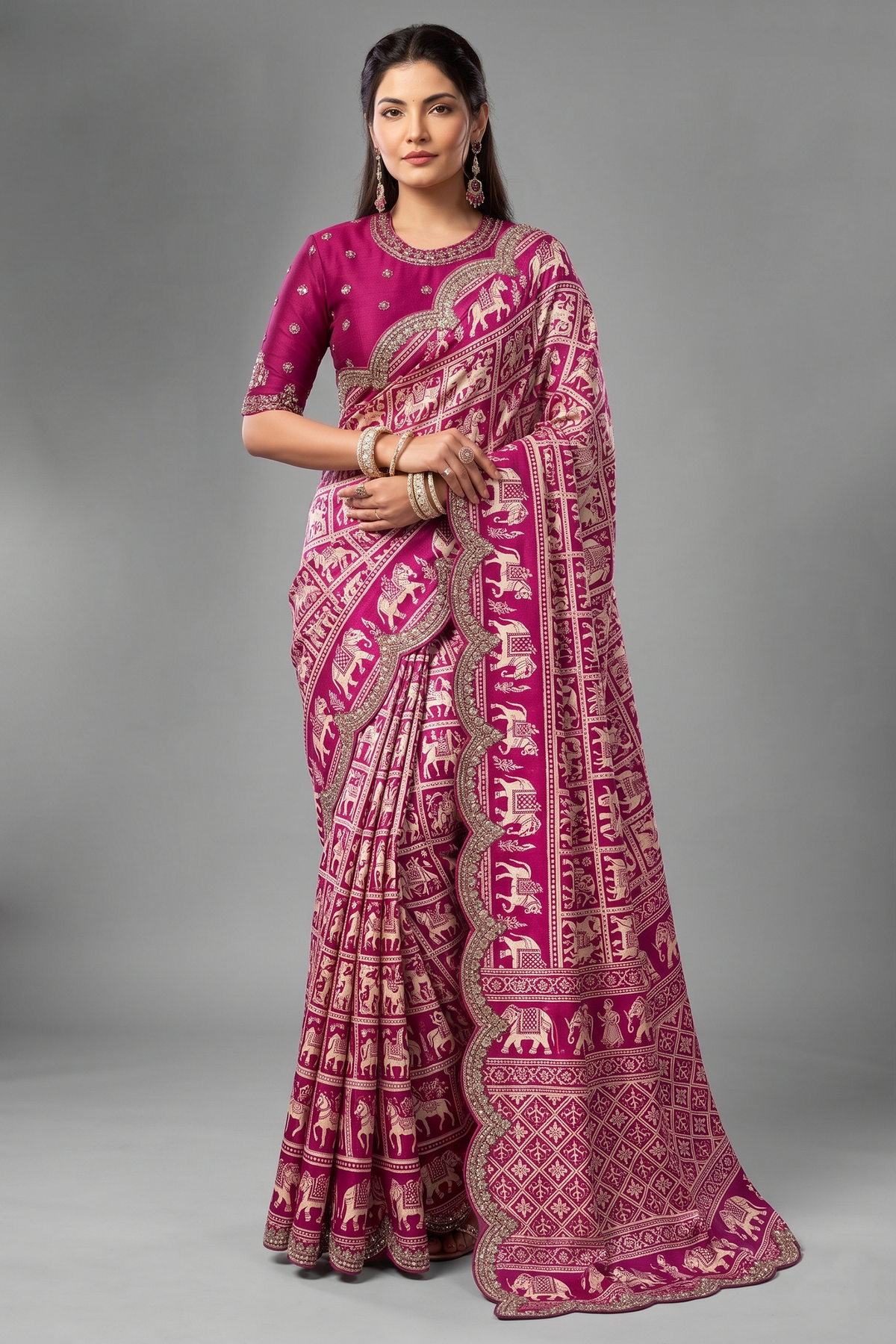 Hot Pink Digital Warli Art Printed Satin Silk Saree with Pearl and Stone Accents