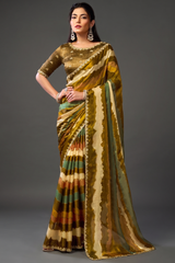 Mustard Yellow Two-Tone Satin Silk Saree with Leheriya Digital Print and Handcrafted Sequins