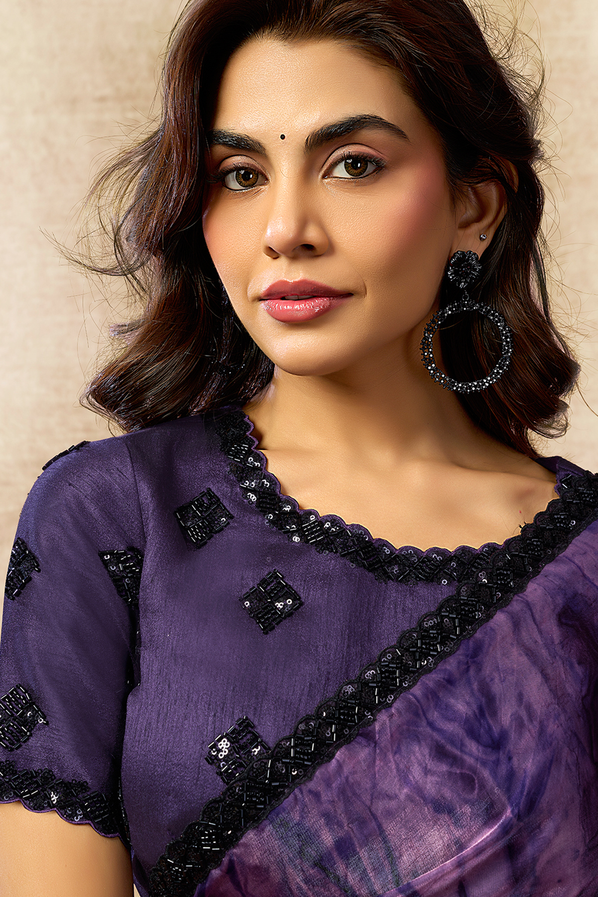 Deep Purple Two-Tone Satin Silk Saree with Abstract Digital Print and Beads Embellishment