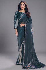 Deep Teal Blue Two-Tone Satin Silk Saree with Digital Abstract Print and Embroidery Border