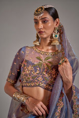 Periwinkle Blue Tissue Saree with Floral Embroidery and Scalloped Border