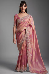 Rose Pink Tissue Organza with Scalloped Embroidery