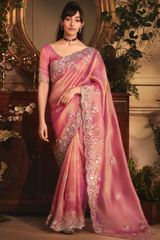 Rose Pink Tissue Organza with Scalloped Embroidery