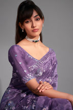 Lavender Purple Tissue Organza with All Over Floral Embroidery