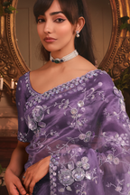 Lavender Purple Tissue Organza with All Over Floral Embroidery