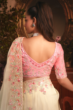 Ivory Cream Tissue with Pastel Pink Floral Embroidered Border & Shimmer Highlights