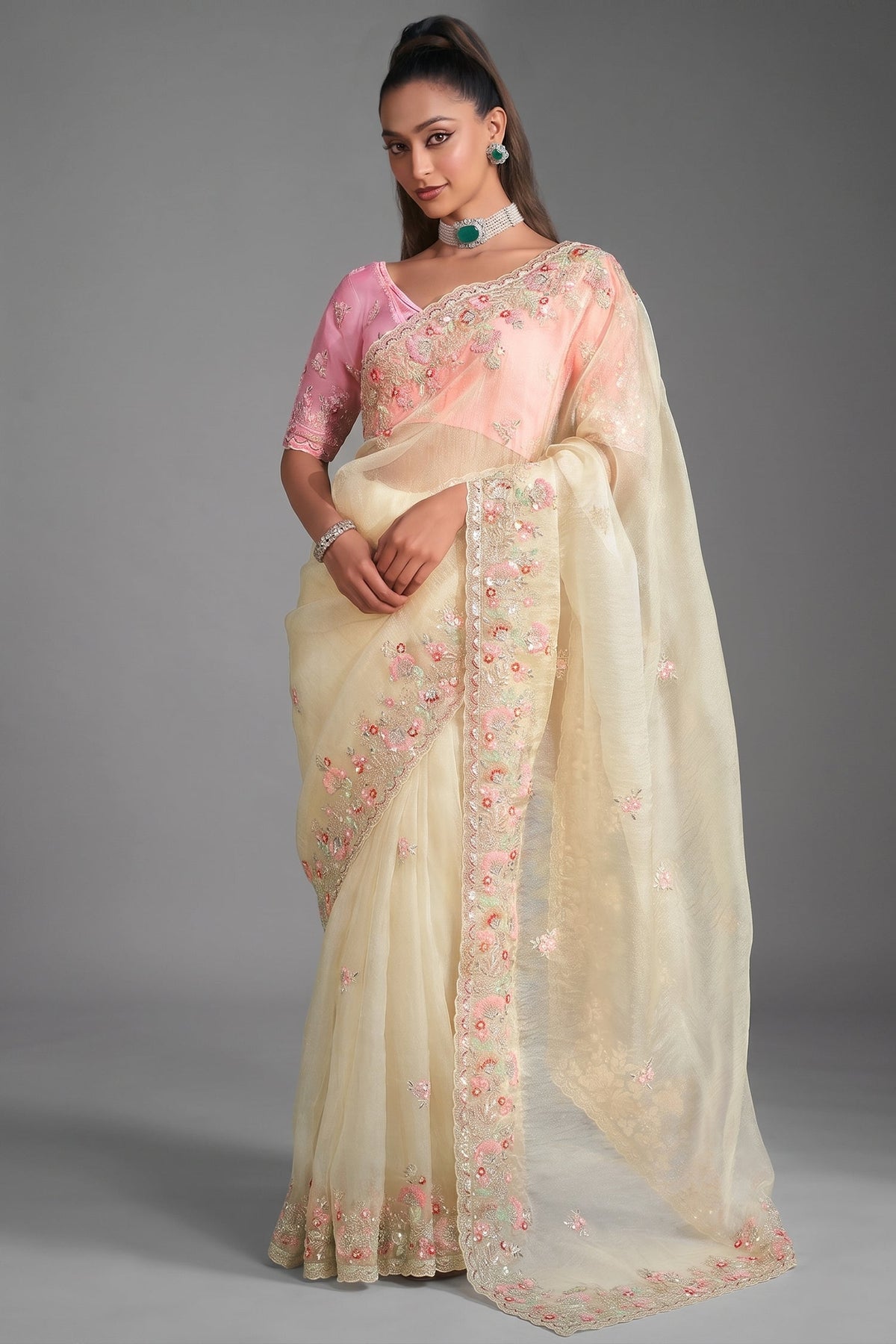 Ivory Cream Tissue with Pastel Pink Floral Embroidered Border & Shimmer Highlights