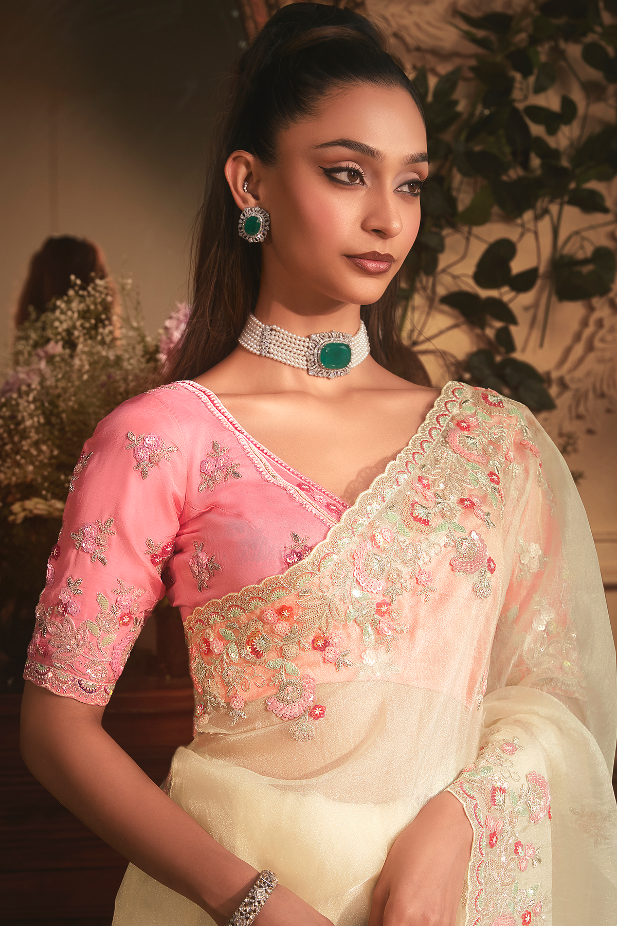 Ivory Cream Tissue with Pastel Pink Floral Embroidered Border & Shimmer Highlights