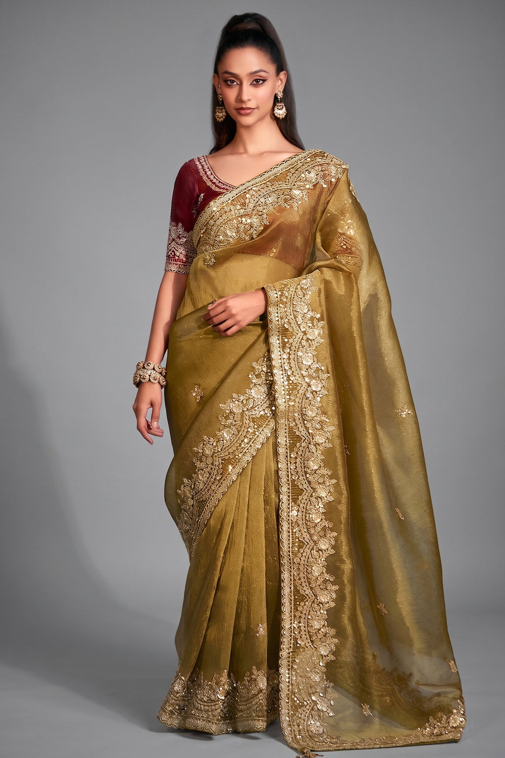 Antique Olive Gold Tissue Organza with Embroidery