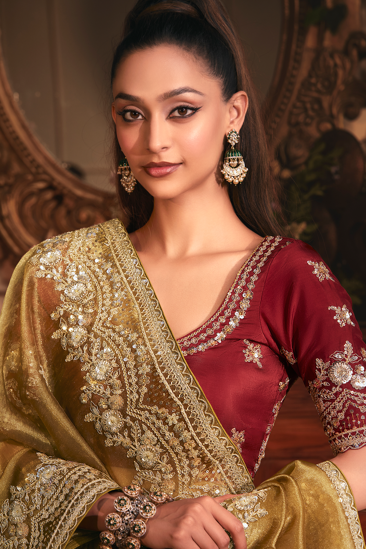 Antique Olive Gold Tissue Organza with Embroidery