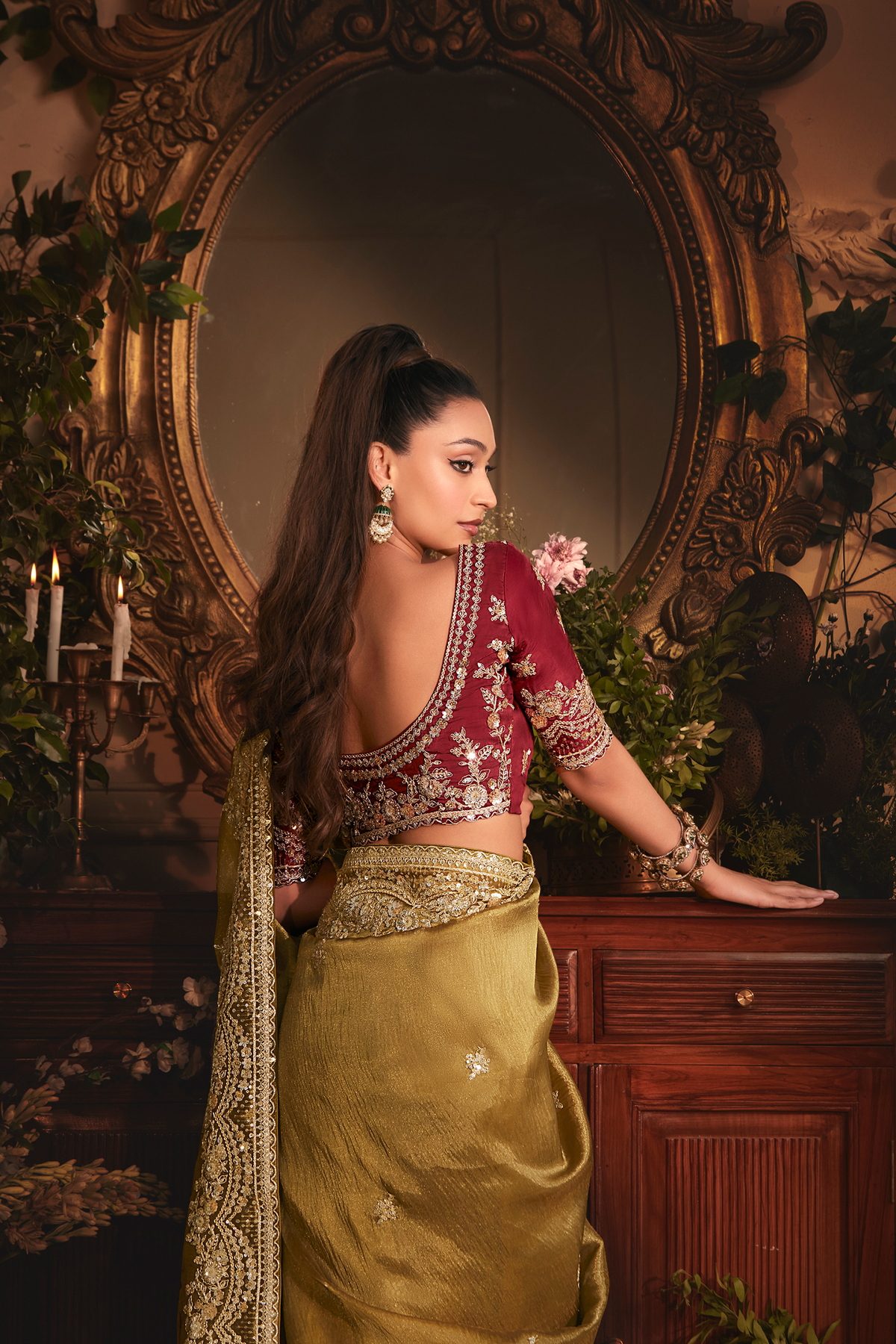 Antique Olive Gold Tissue Organza with Embroidery