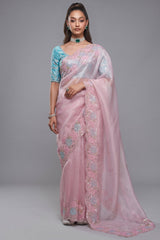 Pastel Orchid Pink Tissue Organza with Floral Embroidery