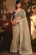 Muted Sage Grey Tissue Organza with All Over Floral Embroidery