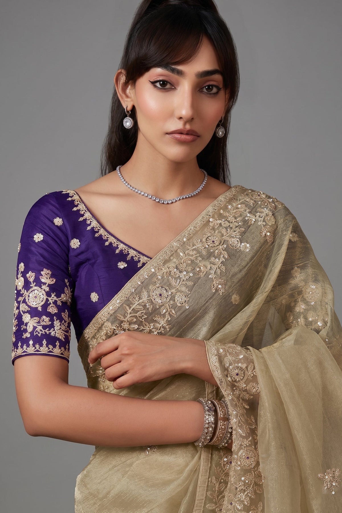 Muted Sage Grey Tissue Organza with All Over Floral Embroidery