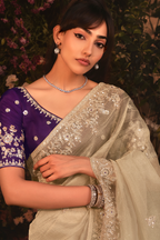 Muted Sage Grey Tissue Organza with All Over Floral Embroidery