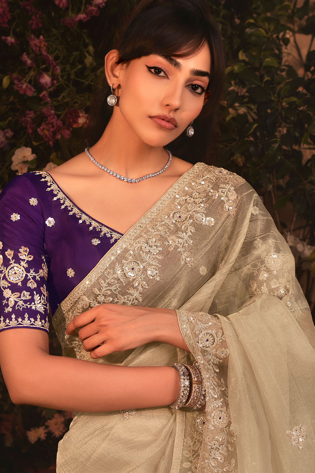 Muted Sage Grey Tissue Organza with All Over Floral Embroidery