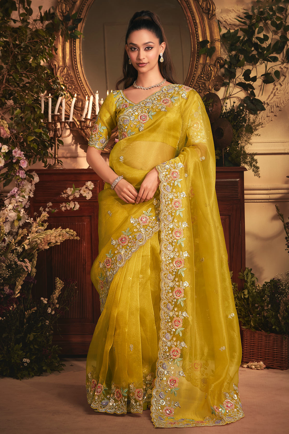 Vibrant Mustard Yellow Tissue Organza with Scalloped Embroidery