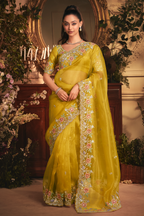 Vibrant Mustard Yellow Tissue Organza with Scalloped Embroidery