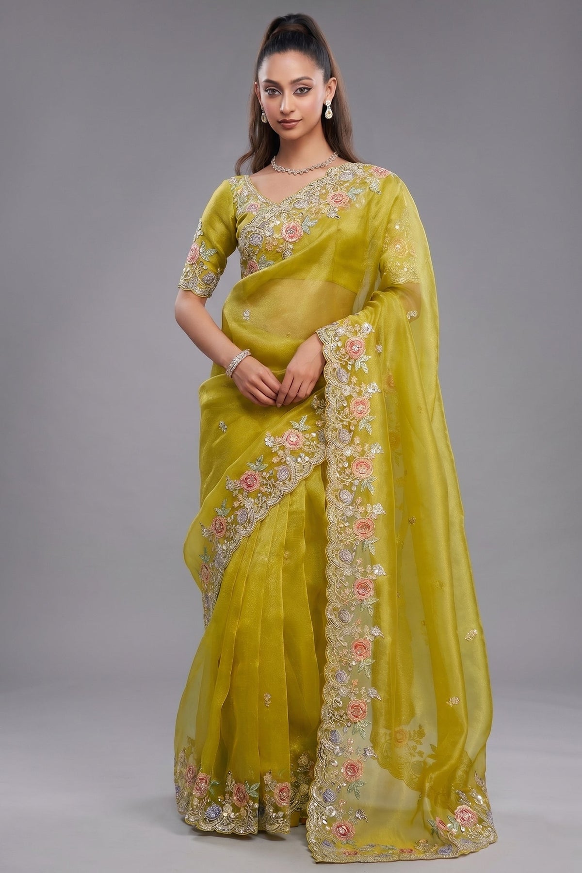 Vibrant Mustard Yellow Tissue Organza with Scalloped Embroidery