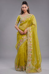 Vibrant Mustard Yellow Tissue Organza with Scalloped Embroidery