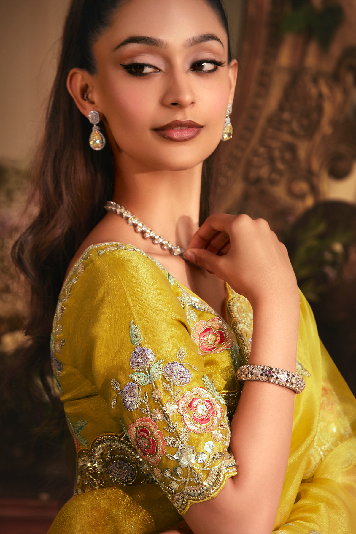Vibrant Mustard Yellow Tissue Organza with Scalloped Embroidery