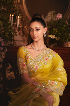 Vibrant Mustard Yellow Tissue Organza with Scalloped Embroidery