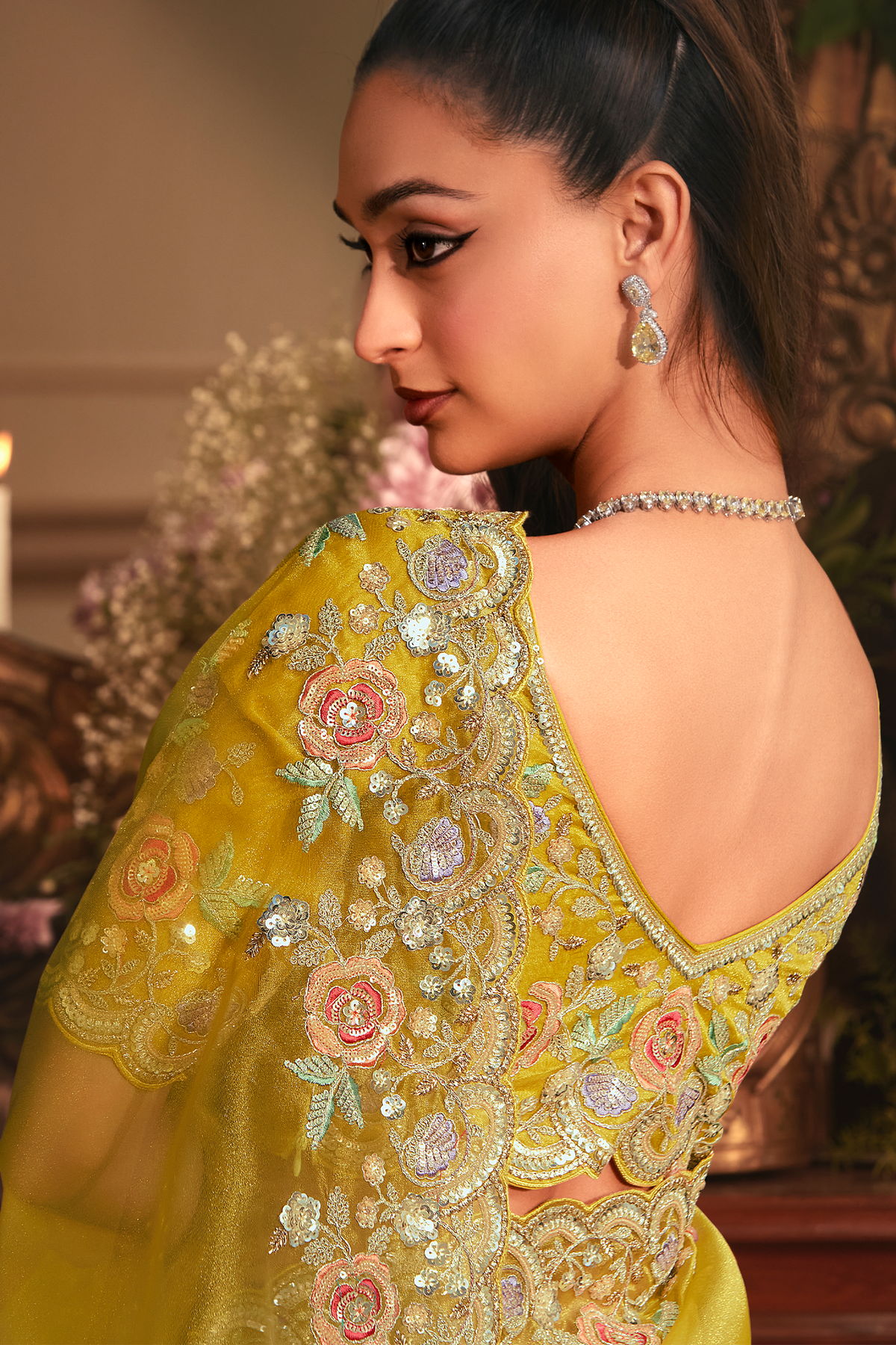 Vibrant Mustard Yellow Tissue Organza with Scalloped Embroidery