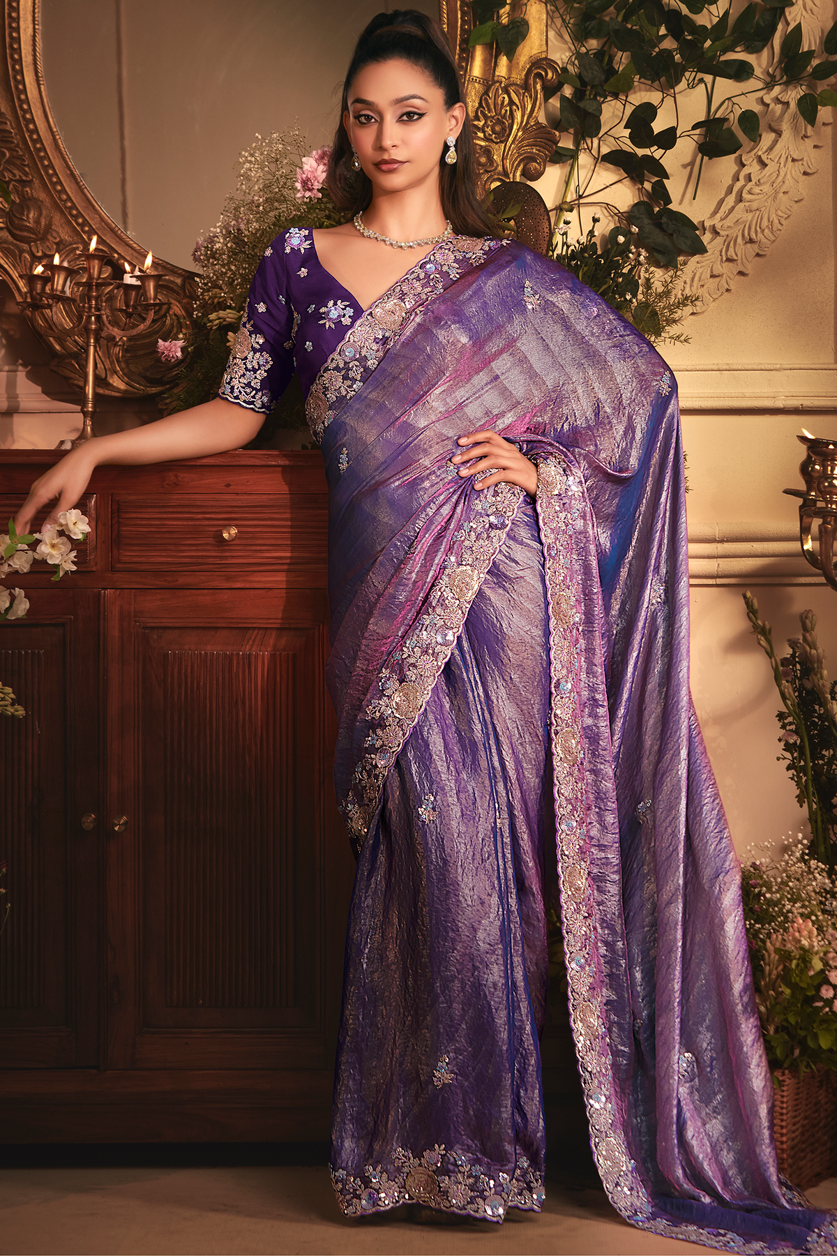 Deep Royal Purple Shimmer Tissue with Heavy Sequined Border