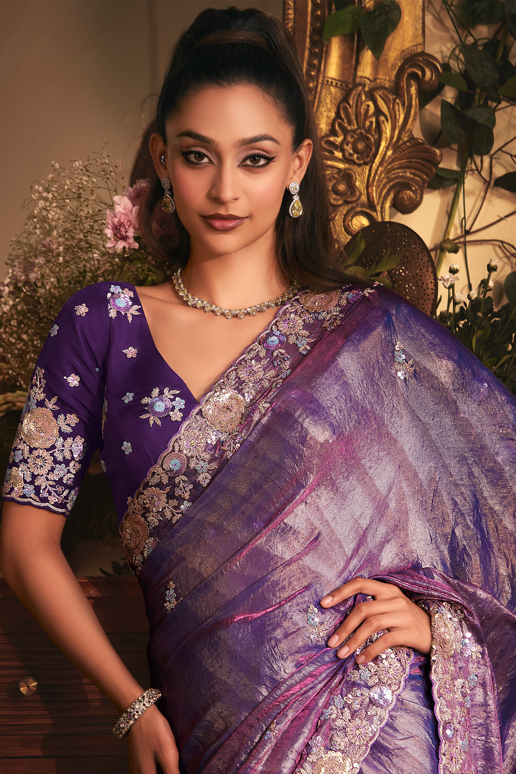 Deep Royal Purple Shimmer Tissue with Heavy Sequined Border