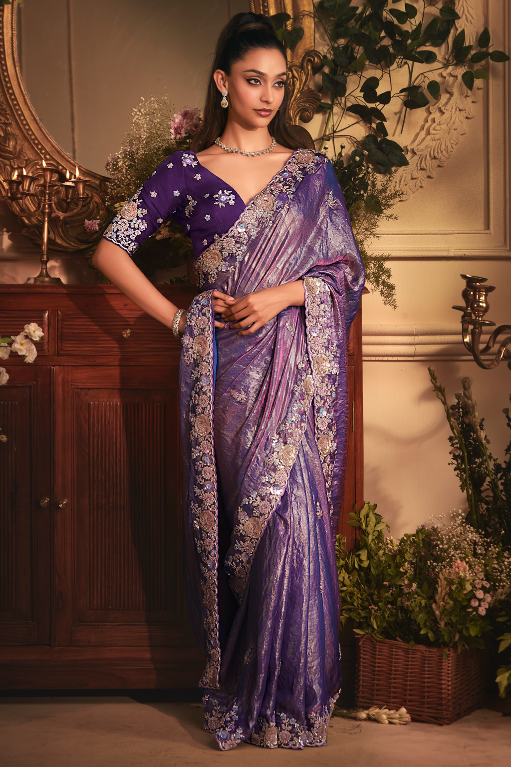 Deep Royal Purple Shimmer Tissue with Heavy Sequined Border